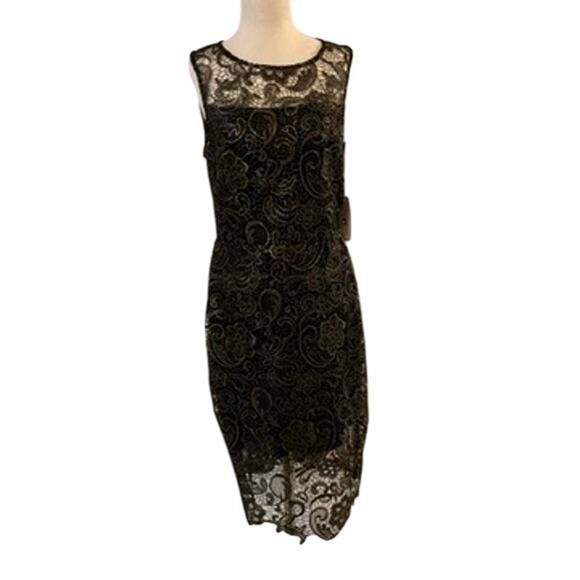 Bisou Bisou Dresses & Skirts - NWT Bisou Bisou Women's Dress 12 Black & Gold Sheath Lace Overlay